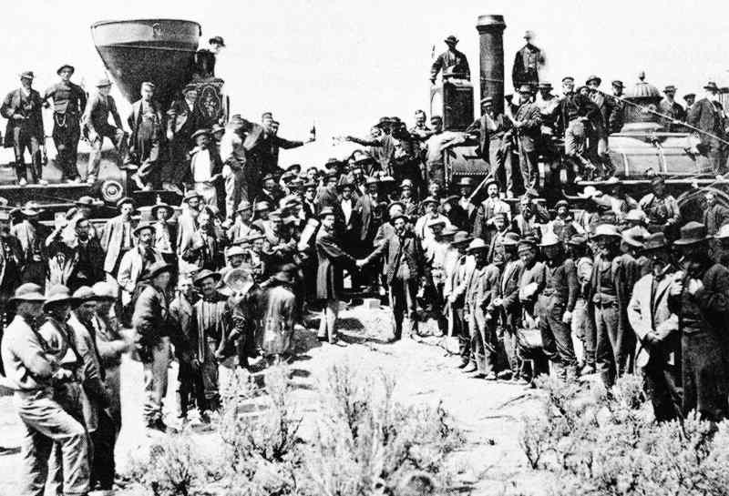 The ceremonial driving of the golden spike - Promontory Summit, Utah, May 10, 1869. Photograph - Andrew J. Russell.